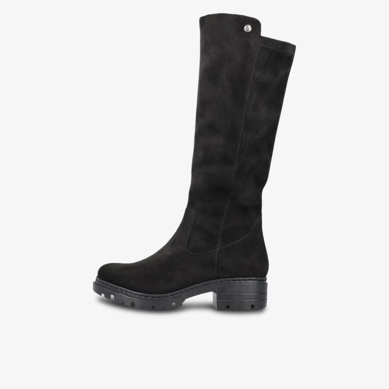 Kniehoher schwarzer Stiefel mit robustem Absatz und rutschfester profilierter Sohle, stilvoll und bequem