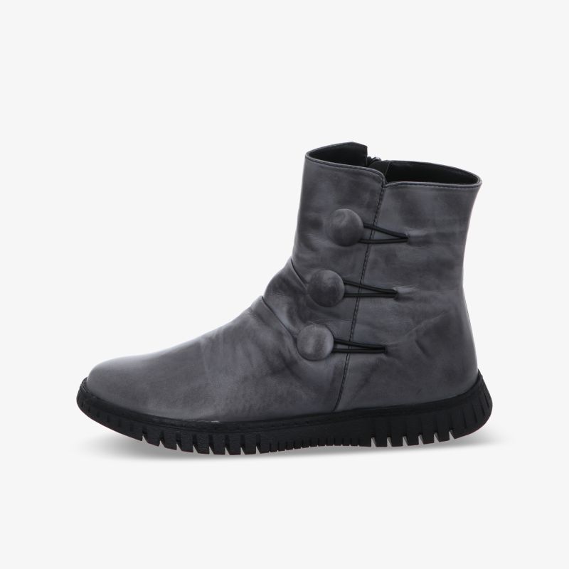 Grauer Knöchelstiefel aus weichem Leder mit flexibler Sohle und modischer seitlicher Knopfleiste