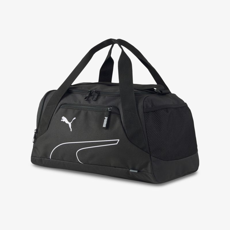 Stilvolle und geräumige schwarze Tasche mit robustem Griff und Markenlogo, ideal für Sport und Reisen.