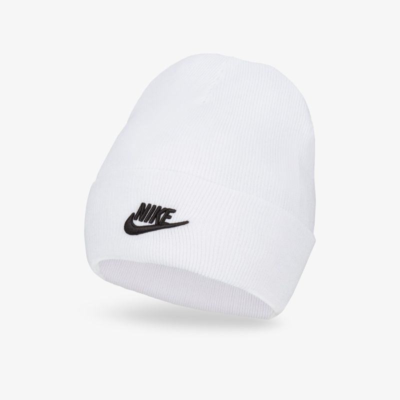Stilvolle weiße Mütze von Nike mit schwarzem Logo. Ideal für kalte Tage und sportliche Aktivitäten.