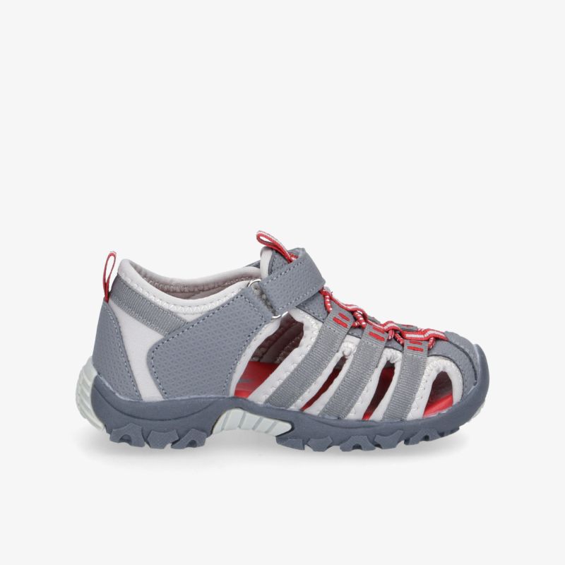 Strandschuh in Grau mit verstellbarem Riemen und robustem Design für Outdoor-Aktivitäten.