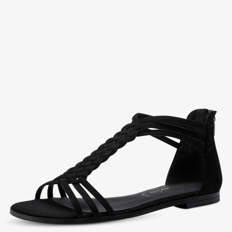 Elegante schwarze Sandalen mit geflochtenem Riemen und flacher Sohle für stilvolle Sommerauftritte.