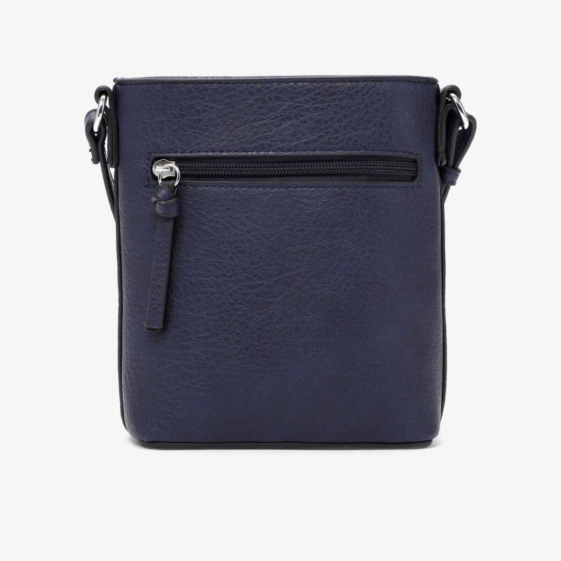 Elegante blaue Umhängetasche mit Reißverschlussfach für stilvolle Aufbewahrung und einfachen Zugang.