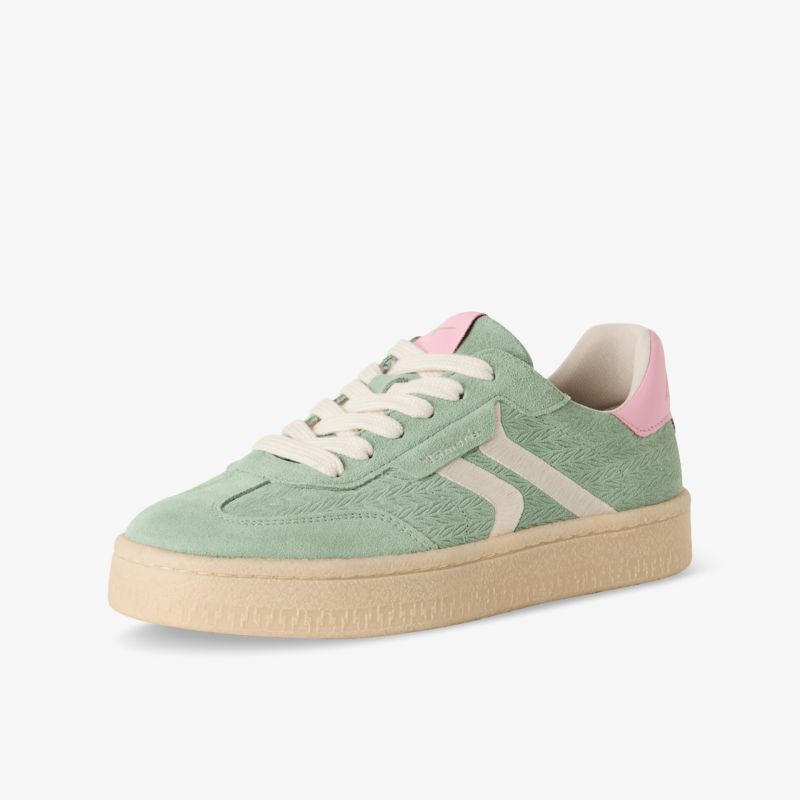 Sportlicher grüner Sneaker mit pastellrosa Akzenten, robuster Gummisohle und komfortabler Passform, seitliche Ansicht