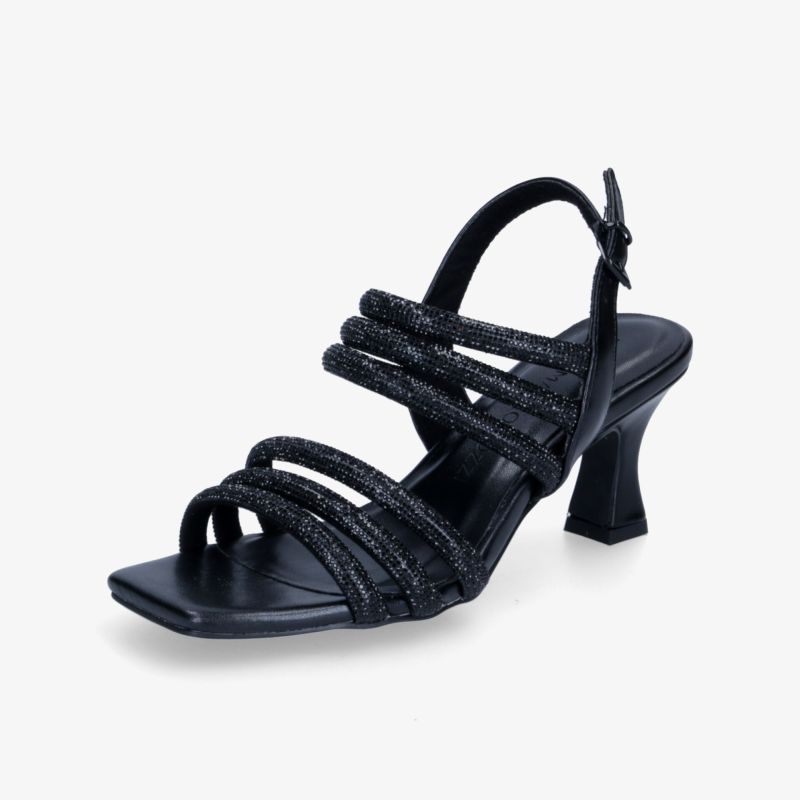 Elegante schwarze Sandaletten mit Absatz und verstellbarem Riemen, ideal für stilvolle Anlässe und Komfort.