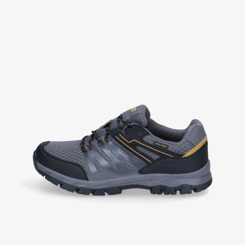 Langlebiger grauer Outdoor-Schuh mit rutschfester Sohle und sportlichem Design, ideal für Wandertouren.