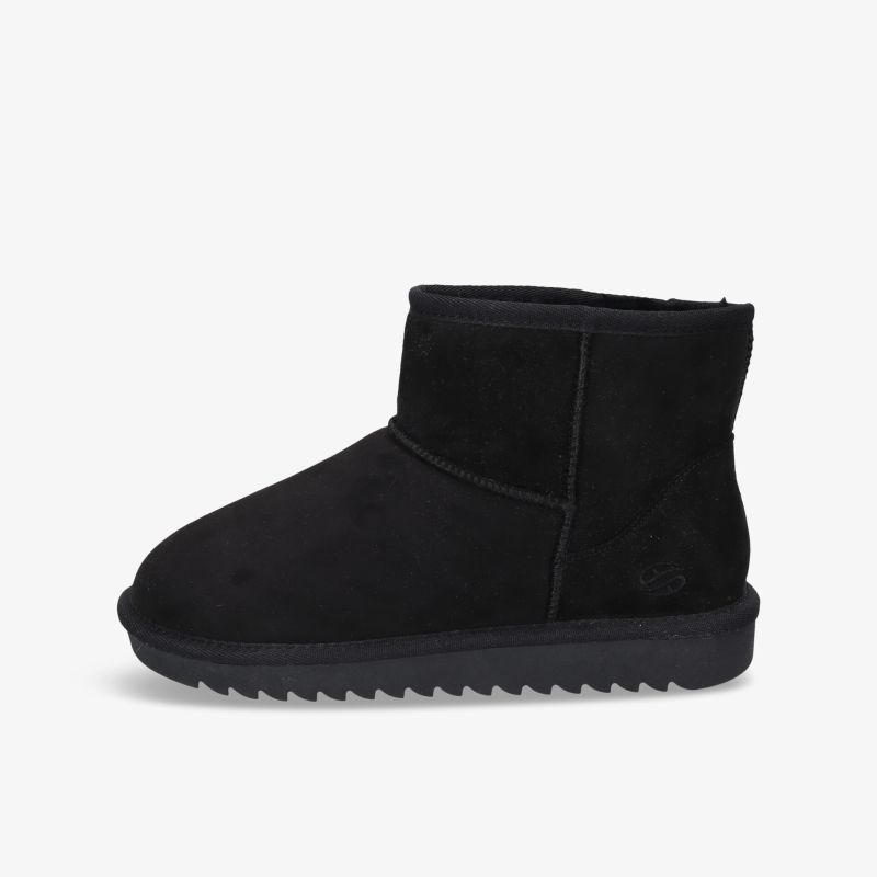 Schwarzer warmer Winterstiefel mit flacher Sohle, rutschfest und bequem für kalte Tage, seitliche Ansicht