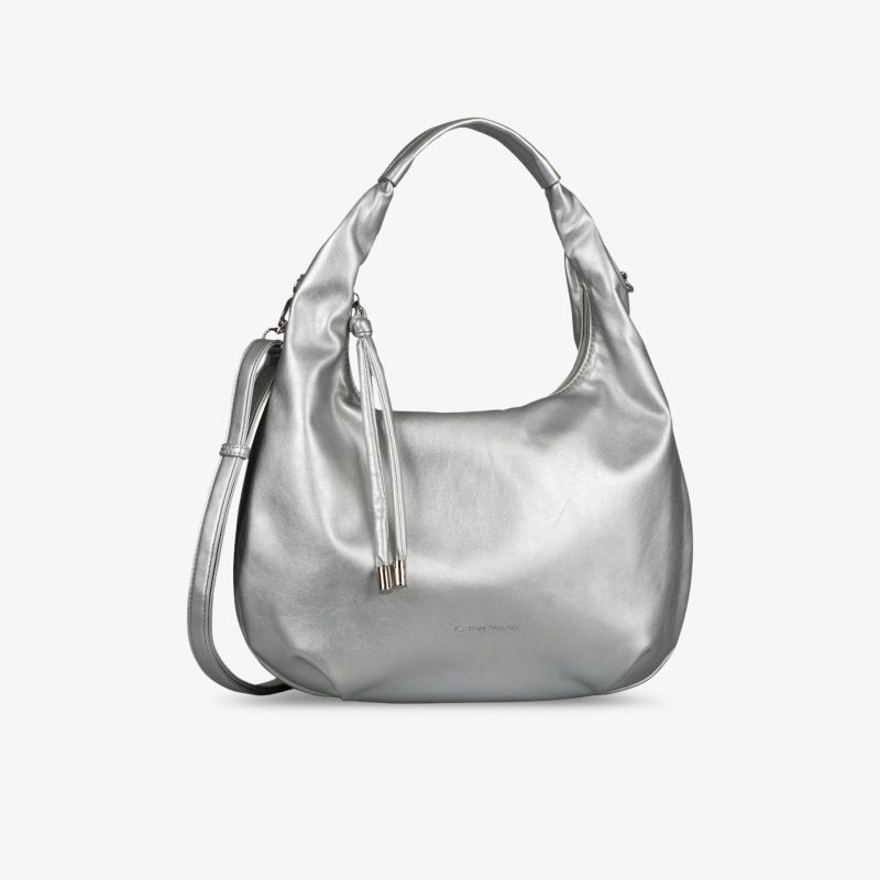 Stylische silberne Tasche mit großem Fach und verstellbarem Gurt für Alltag und besondere Anlässe.