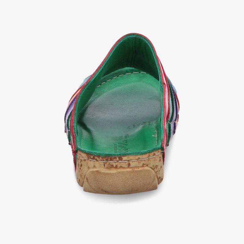 Bequeme bunte Pantolette mit gepolsterter Innensohle und robuster Sohle, Rückansicht, offene Ferse für guten Halt