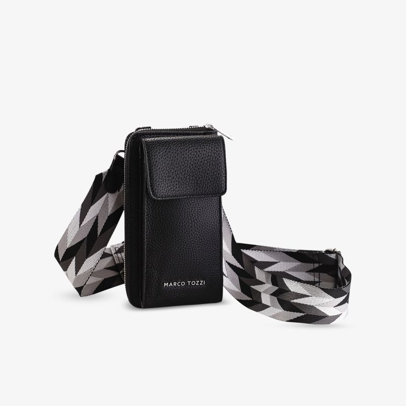 Schwarze Crossbody-Handytasche mit verstellbarem Riemen, ideal für unterwegs. Kompakte Design mit elegantem Look.