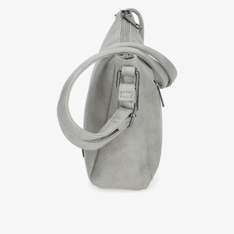 Seitliche Ansicht einer grauen, schlanken Tasche mit verstellbarem Schulterriemen und Reißverschluss