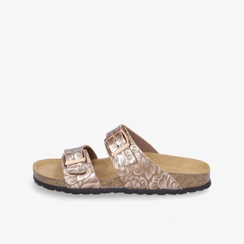 Stilvolle Sandalen mit ergonomischem Fußbett und verstellbaren Riemen in elegantem Bronzeton.