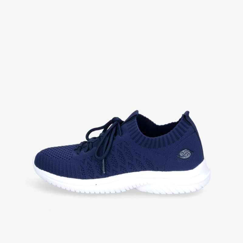 Eleganter dunkelblauer Sneaker mit weißer Sohle und gestricktem Obermaterial für maximalen Tragekomfort.