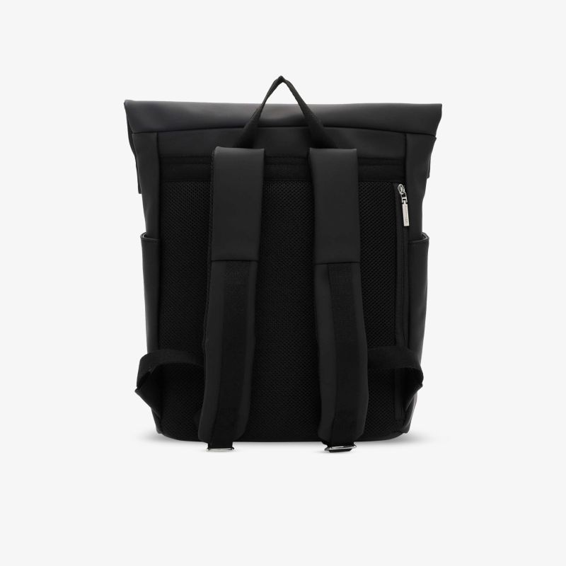 Schwarzer Rucksack mit gepolsterten Trägern, geräumig und bequem, Rückansicht