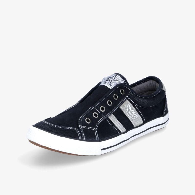 Schwarzer Slip-On Sneaker mit weißen Akzenten und seitlichen Streifen für bequemen, stilvollen Auftritt.