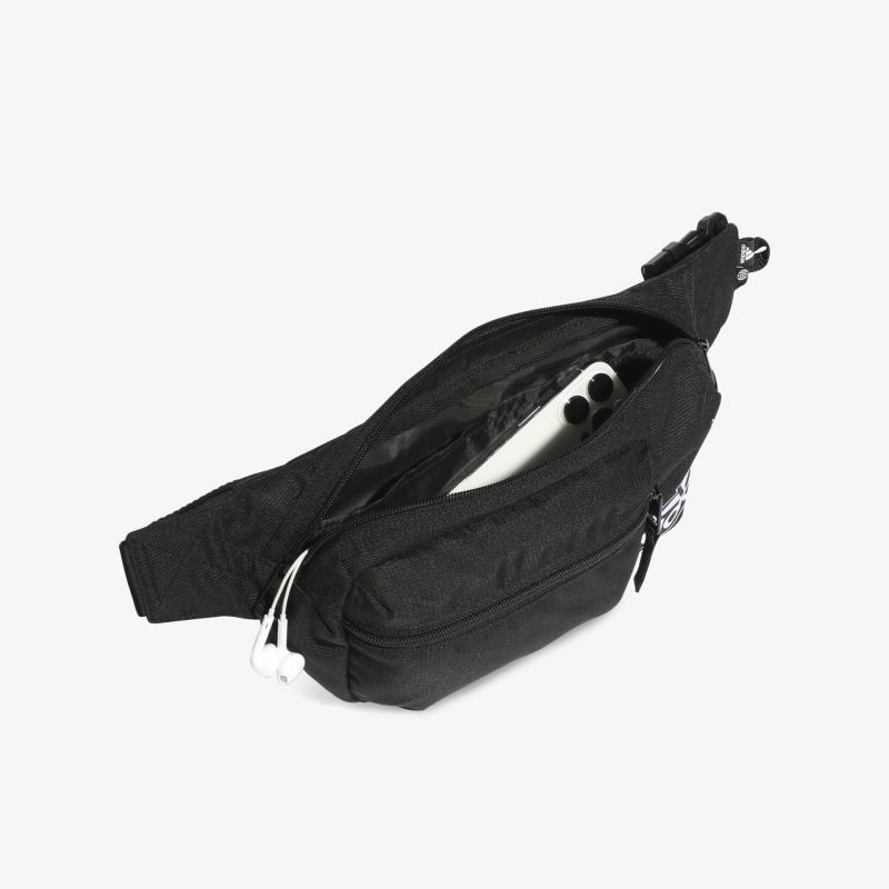 Kompakte schwarze Gürteltasche mit verstellbarem Gurt, ideal für unterwegs und vielseitig einsetzbar