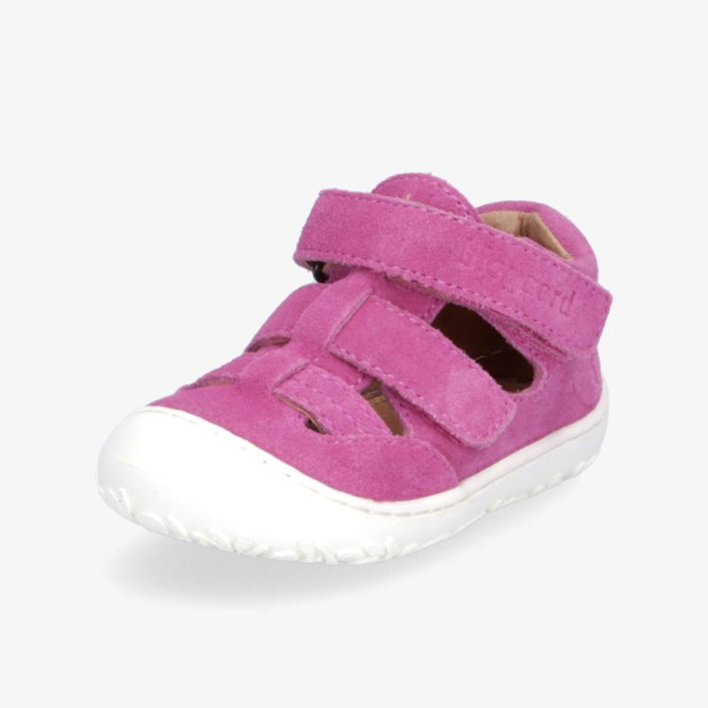 Leichter pinker Velourskinderschuh mit rutschfester flexibler Sohle und verstellbarem Klettverschluss
