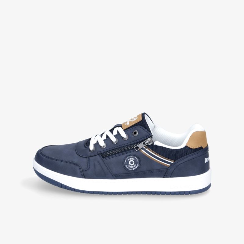 Moderner blauer Sneaker mit weißer Sohle und seitlichem Reißverschluss, ideal für sportlichen Stil.