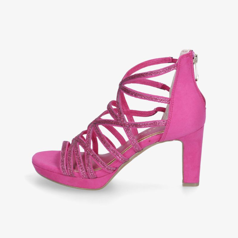 Elegante rosa Sandalen mit Riemchen und bequemem Blockabsatz. Ideal für stilvolle Sommeroutfits.