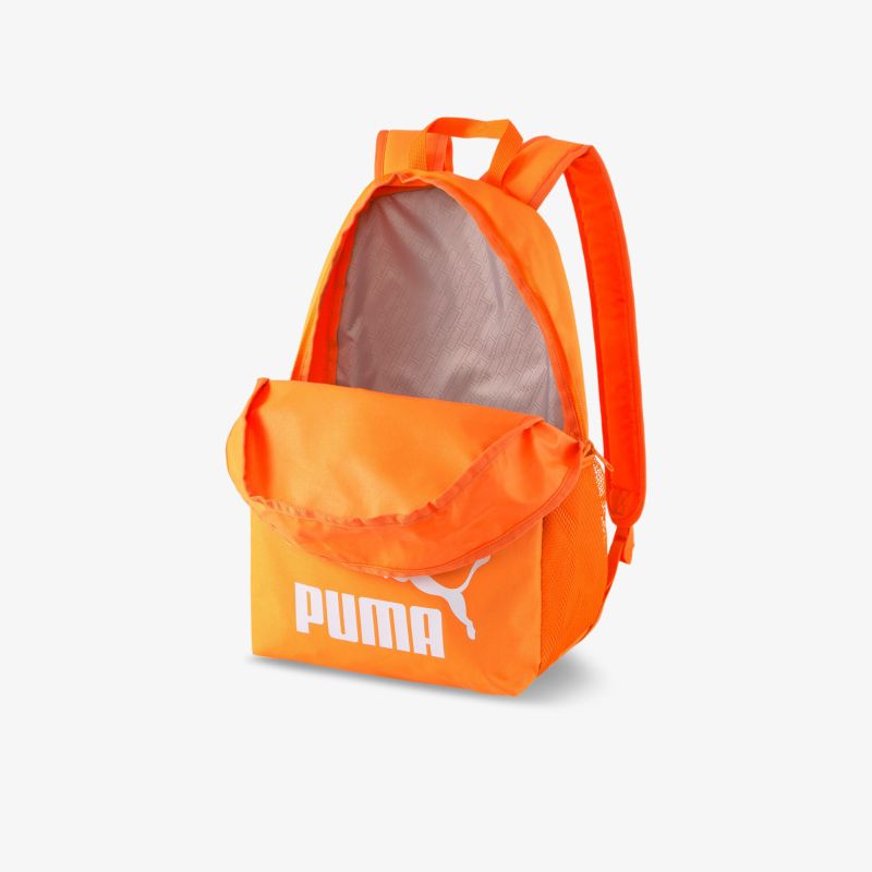 Stilvoller orangefarbener Rucksack mit praktischem Design und markantem Logo