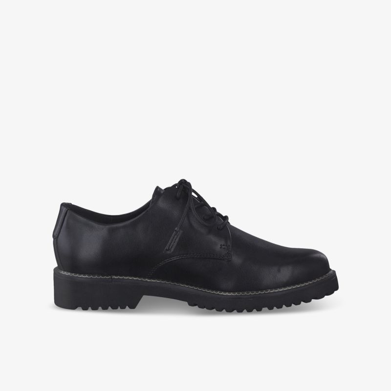Eleganter schwarzer Schnürschuh mit komfortabler Profilsohle und klassischer, robuster Lederoptik seitlich gezeigt