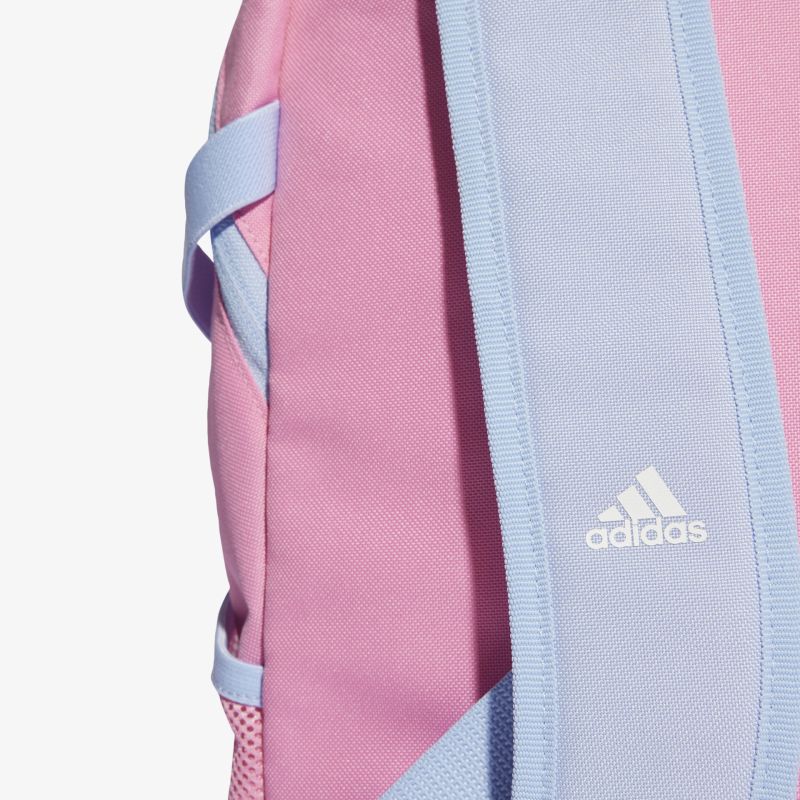 Moderner Rucksack in Rosa mit lila Akzenten und Logo, ideal für Alltag und Freizeit.