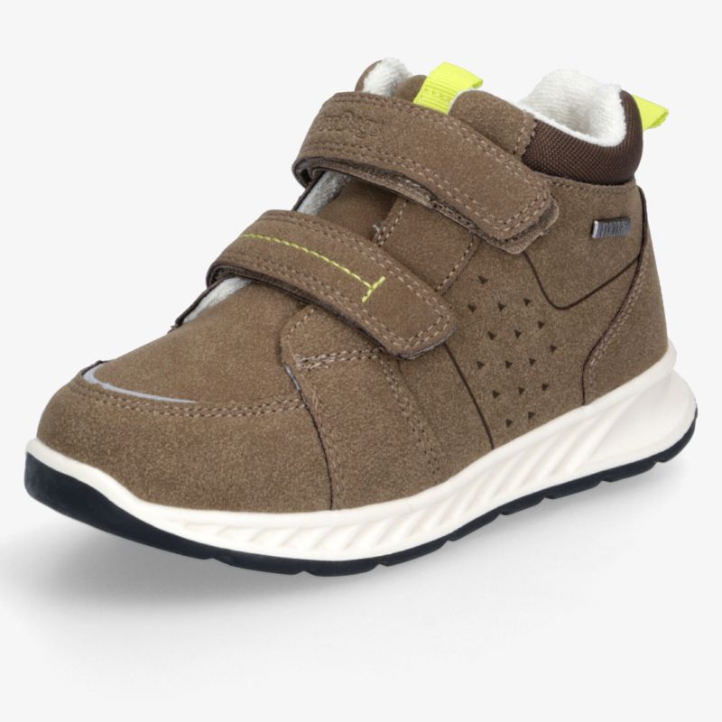 Brauner sportlicher Sneaker mit zwei Klettverschlüssen und stabiler, flexibler Laufsohle für optimalen Tragekomfort