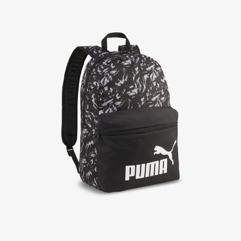Schwarzer Puma Rucksack mit weißem Muster und großem Frontfach, verstellbaren Gurten und robustem Design