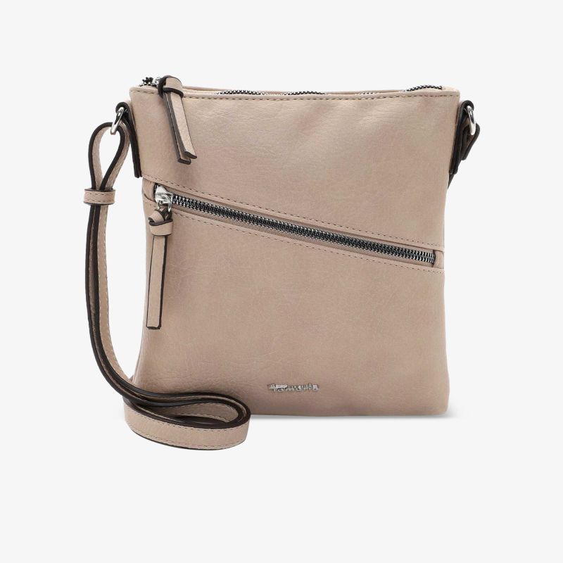 Elegante beige Umhängetasche mit verstellbarem Gurt und praktischem Reißverschlussfach vorne.