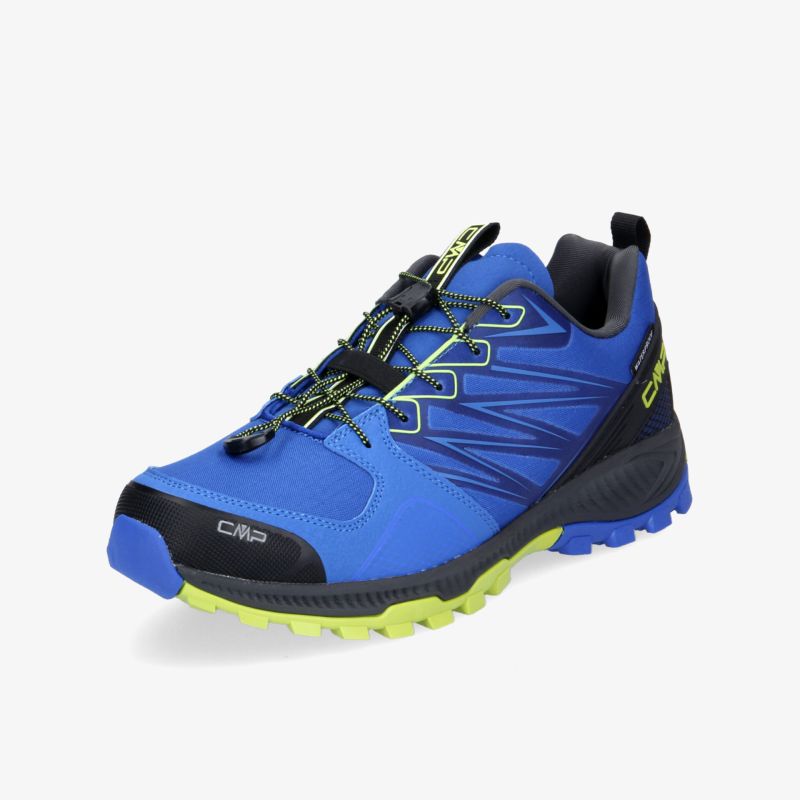 Blauer Trailrunning-Schuh mit griffiger Sohle und sportlichem Design für optimalen Komfort und Stabilität.