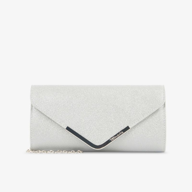 Elegante silberne Clutch mit metallischem Detail, ideal für besondere Anlässe und stilvolle Abende.