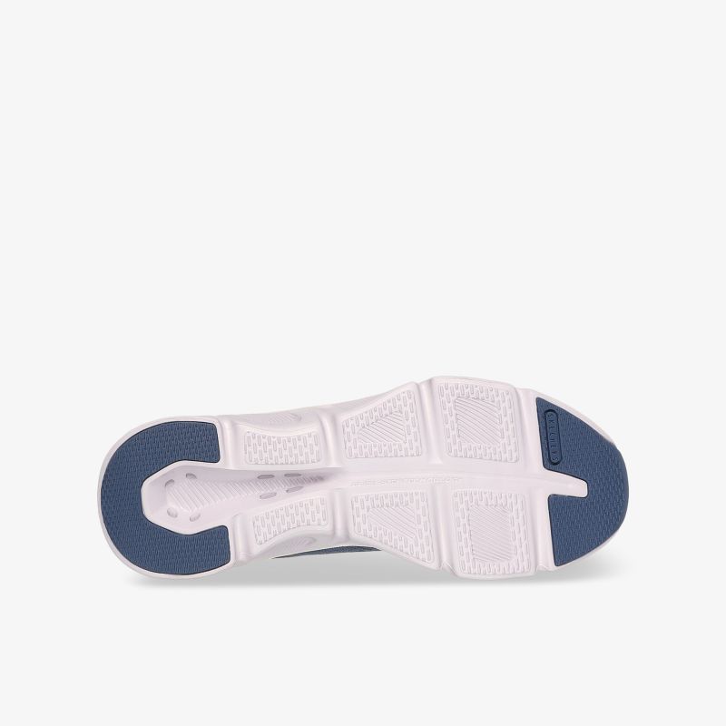 Weiße Schuhsohle mit blauem Profil, rutschfest und flexibel für optimalen Halt und Komfort