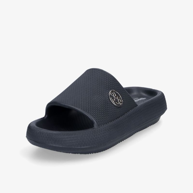 Bequeme schwarze Slides mit Logo und rutschfester Sohle für vielseitigen Einsatz
