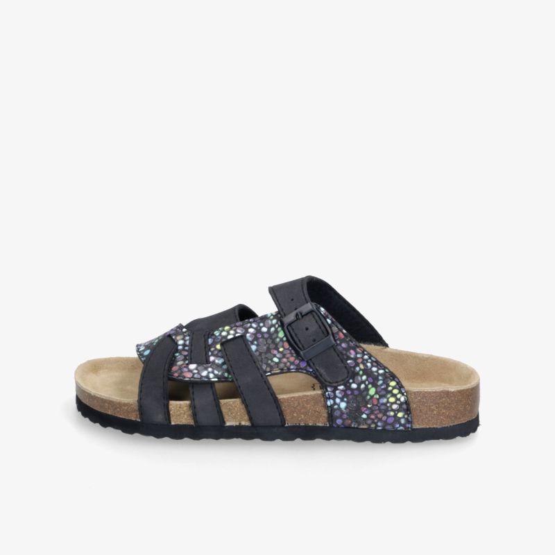 Schwarze offene Sandale mit glitzernden Details und verstellbaren Riemen auf bequemem Fußbett, ideal für den Sommer