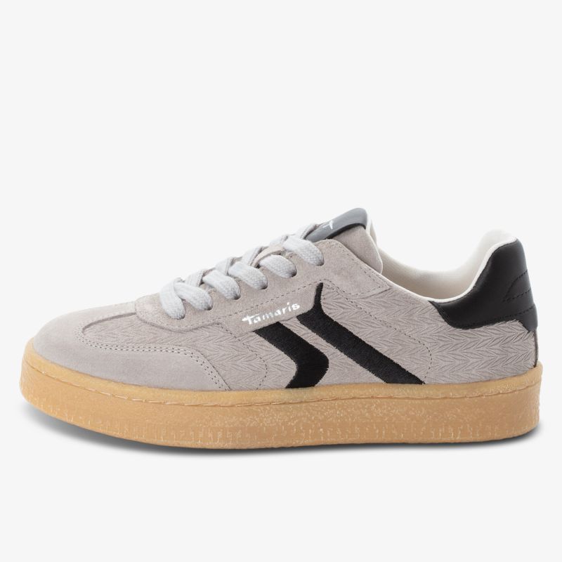 Beiger Veloursleder Sneaker mit schwarzem Akzent und komfortabler Gummisohle seitlich Ansicht