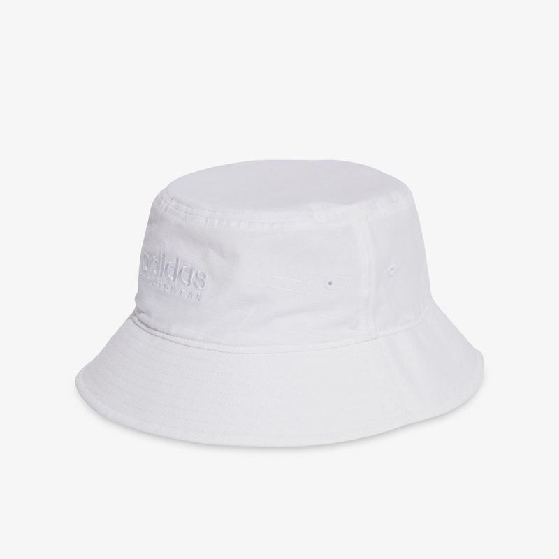 Stilvoller weißer Bucket Hat mit modernem Design, ideal für vielseitige Einsatzmöglichkeiten.