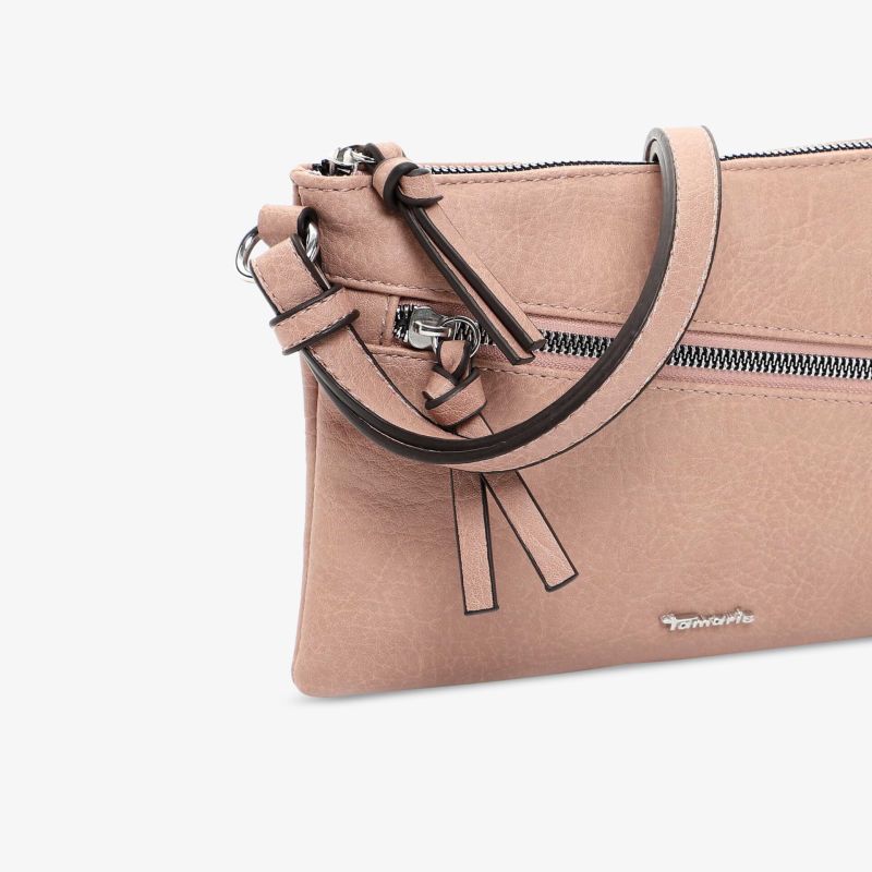 Elegante beige Handtasche mit Reißverschluss und schlankem Schulterriemen aus feinem Material