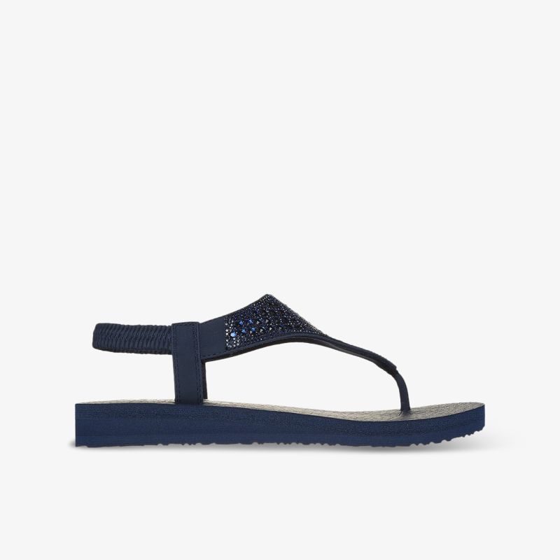 Bequeme blaue Zehensteg-Sandale mit verstellbarem Riemen und weicher, leichter Sohle, seitliche Ansicht