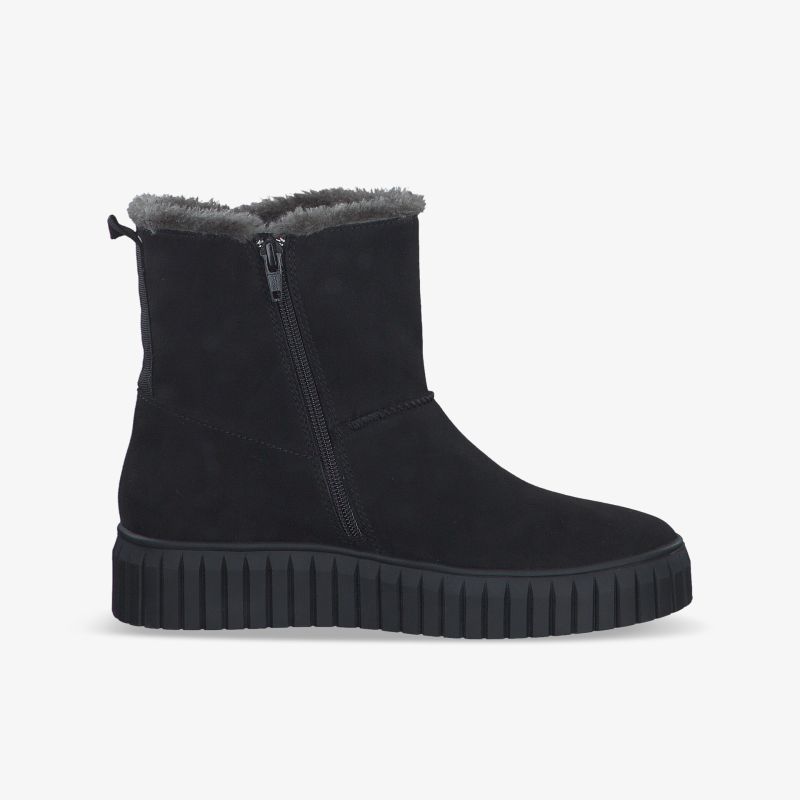 Modische schwarze Stiefelette mit warmem Innenfutter und Reißverschluss, ideal für kalte Tage