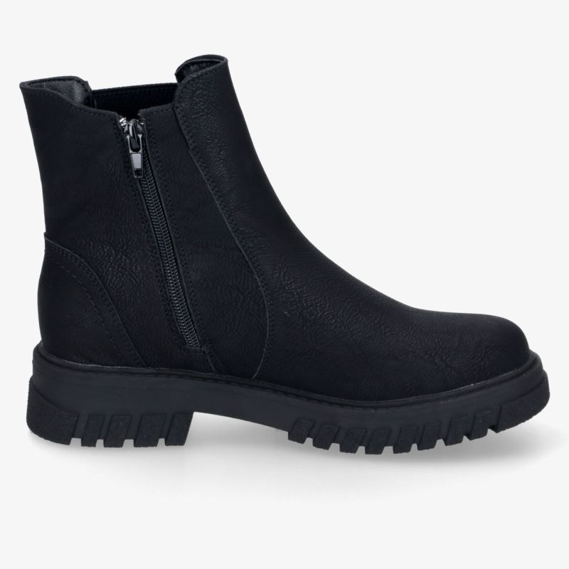 Schwarzer robuster Stiefel mit rutschfester Sohle und praktischem seitlichen Reißverschluss in moderner seitlicher Ansicht