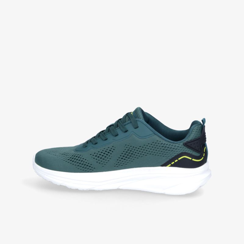 Leichter und atmungsaktiver Sportschuh in dunklem Grün mit weißer flexibler Sohle und schnürbarem Verschluss