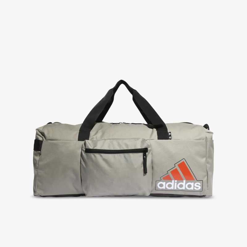 Geräumige graue Adidas Sporttasche mit Tragegriff und Logo, ideal für Fitness und Reisen.