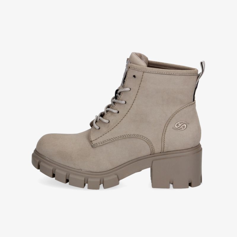 Moderner beige Stiefel mit robustem Blockabsatz und Schnürverschluss für stilvolle Auftritte bei jedem Wetter.