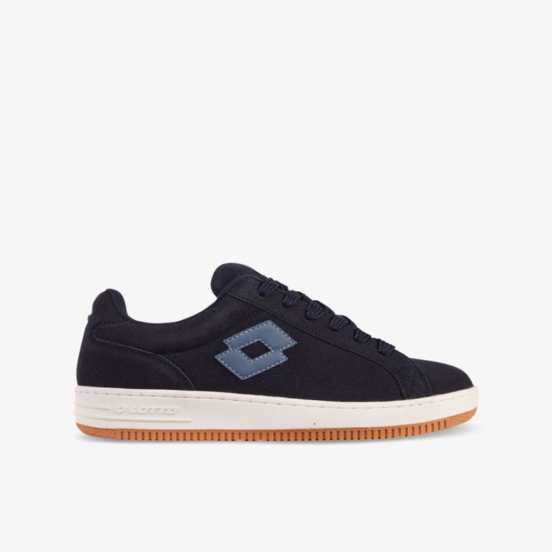 Schwarzer Sneaker mit weißer Sohle und blauem Logo, sportlich und bequem mit langlebiger Konstruktion