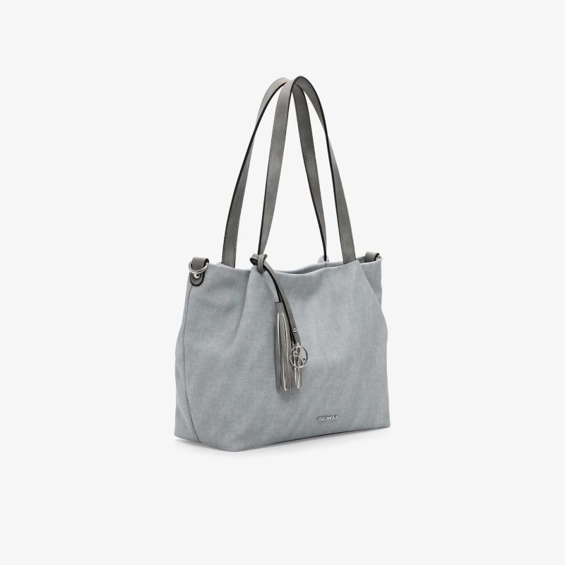 Graue Tasche aus hochwertigem Material, geräumig, mit eleganter Quaste und praktischen Tragehenkeln, schräg vorne