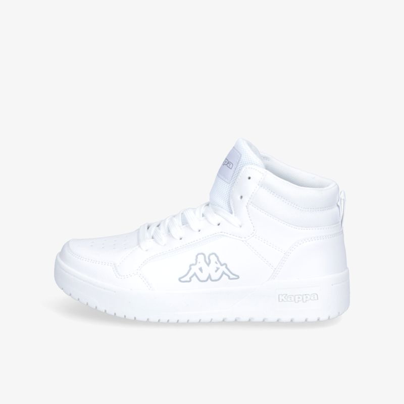 Moderner weißer High-Top-Sneaker mit sportlichem Design und auffälligem Logo an der Seite