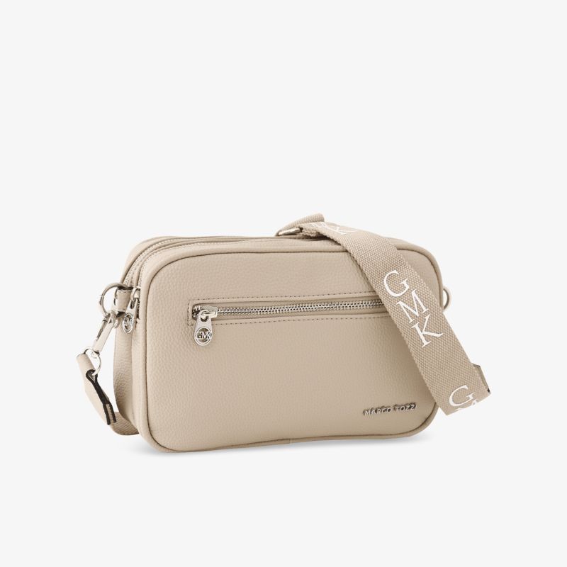 Beige kompakte Umhängetasche mit Reißverschluss und verstellbarem Gurt, modernes praktisches Design