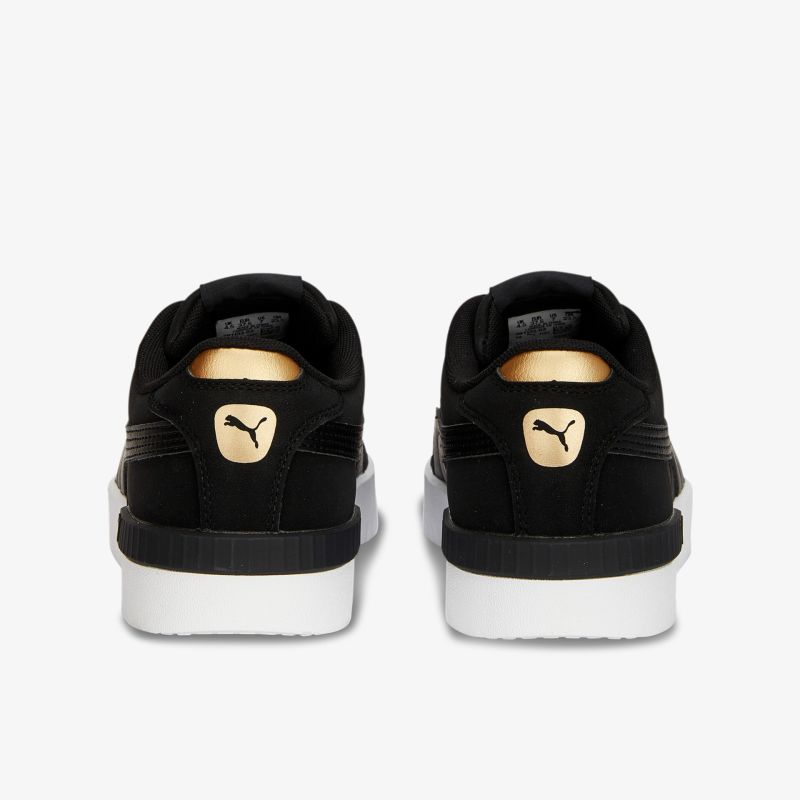 Elegante schwarze Sneaker mit goldenen Details im Fersenbereich und markantem Logo auf weißer Sohle.