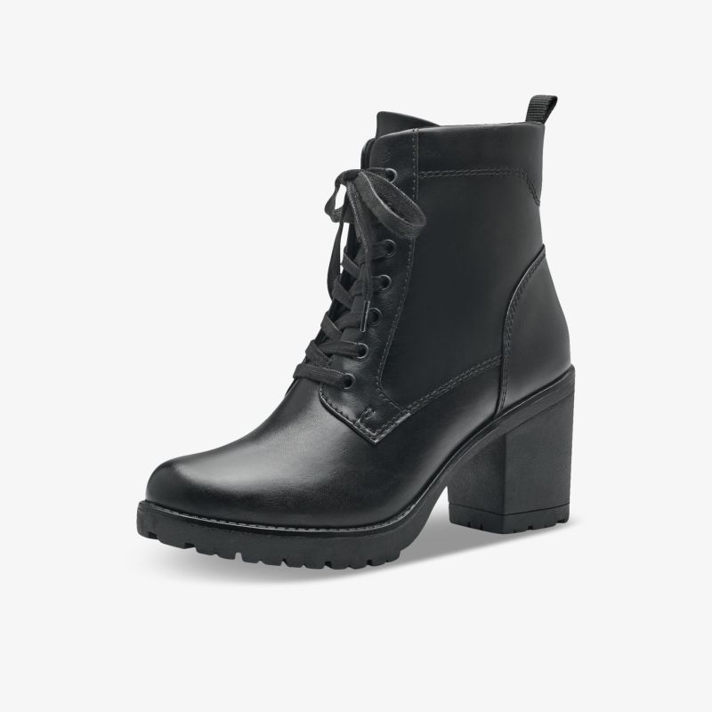 Elegante schwarze Stiefelette in Lederoptik mit robustem Absatz und Schnürung für stilvolle Auftritte.