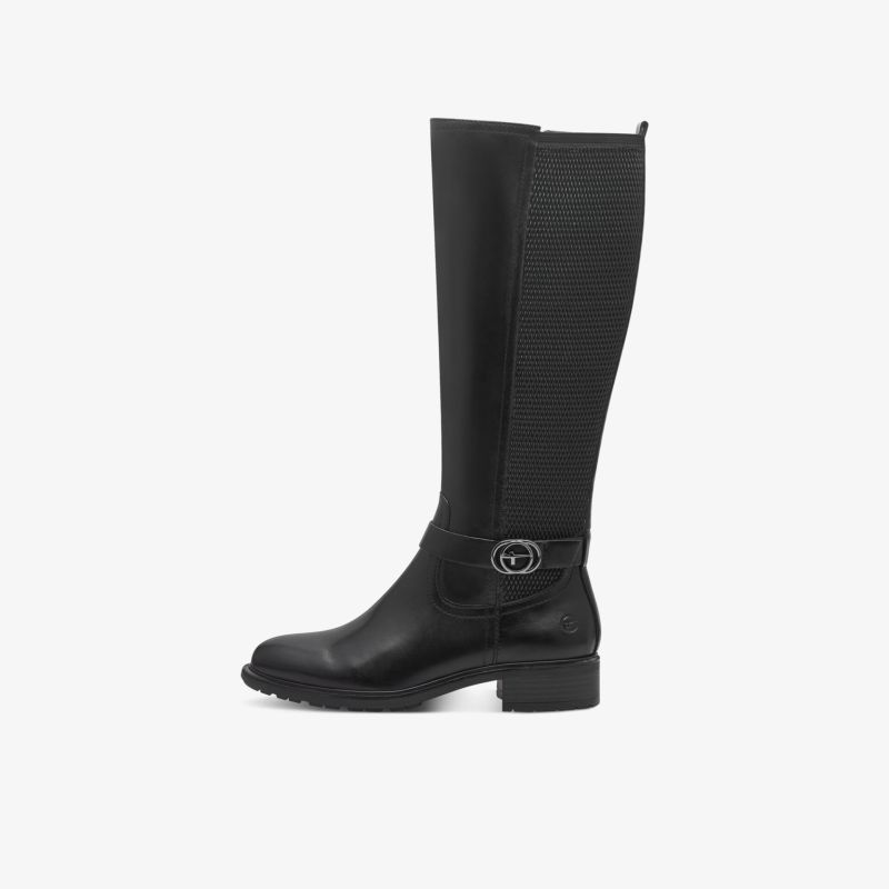 Schwarzer hoher Stiefel mit elastischem Einsatz und seitlichem Reißverschluss, robust und komfortabel